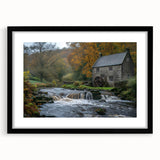 Black-framed wall art featuring a serene landscape design of watermills, showcasing vibrant colors and intricate details, perfect for home decor enhancement.