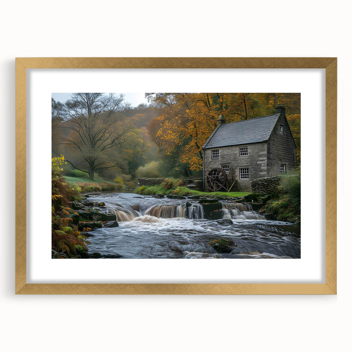 Framed wall art collection featuring a landscape design of serene watermills with a gold mat and frame, perfect for enhancing home decor.