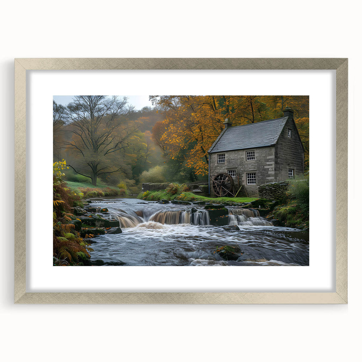 Framed wall art depicting a serene landscape with watermills, showcasing a silver mat and frame, ideal for enhancing home decor with elegance.