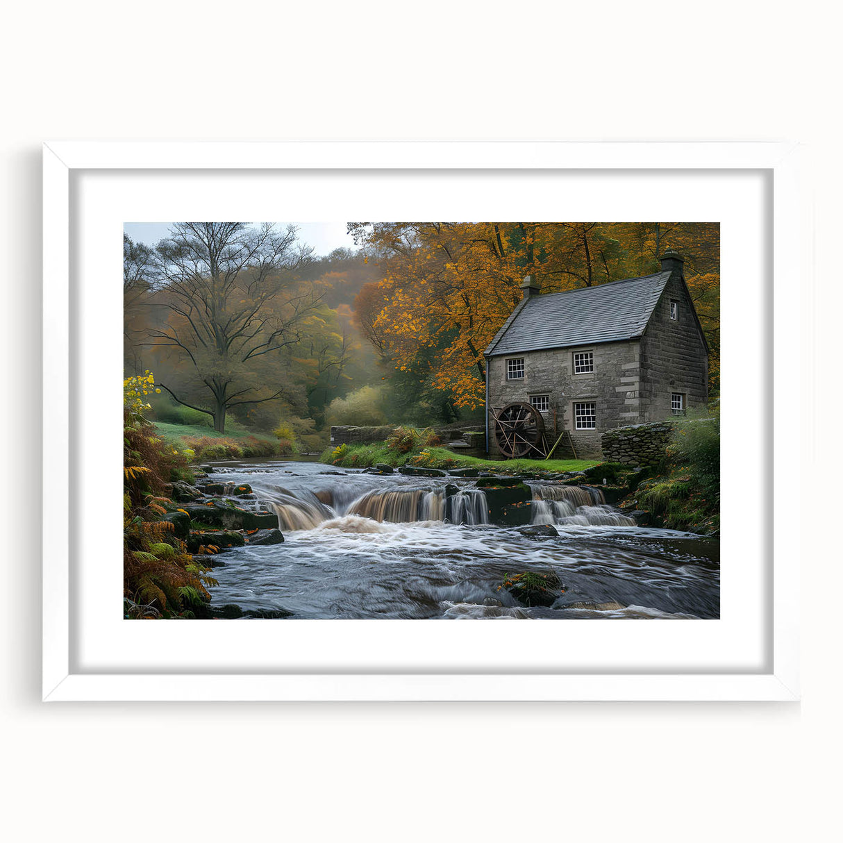 Framed wall art collection showcasing serene watermill landscapes, featuring a white mat and elegant design, perfect for enhancing home decor aesthetics.