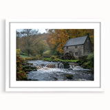 Framed wall art collection showcasing serene watermill landscapes, featuring a white mat and elegant design, perfect for enhancing home decor aesthetics.
