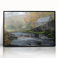 Framed acrylic wall art depicting a serene landscape featuring watermills, designed in a modern style with a sleek black frame, perfect for home decor.