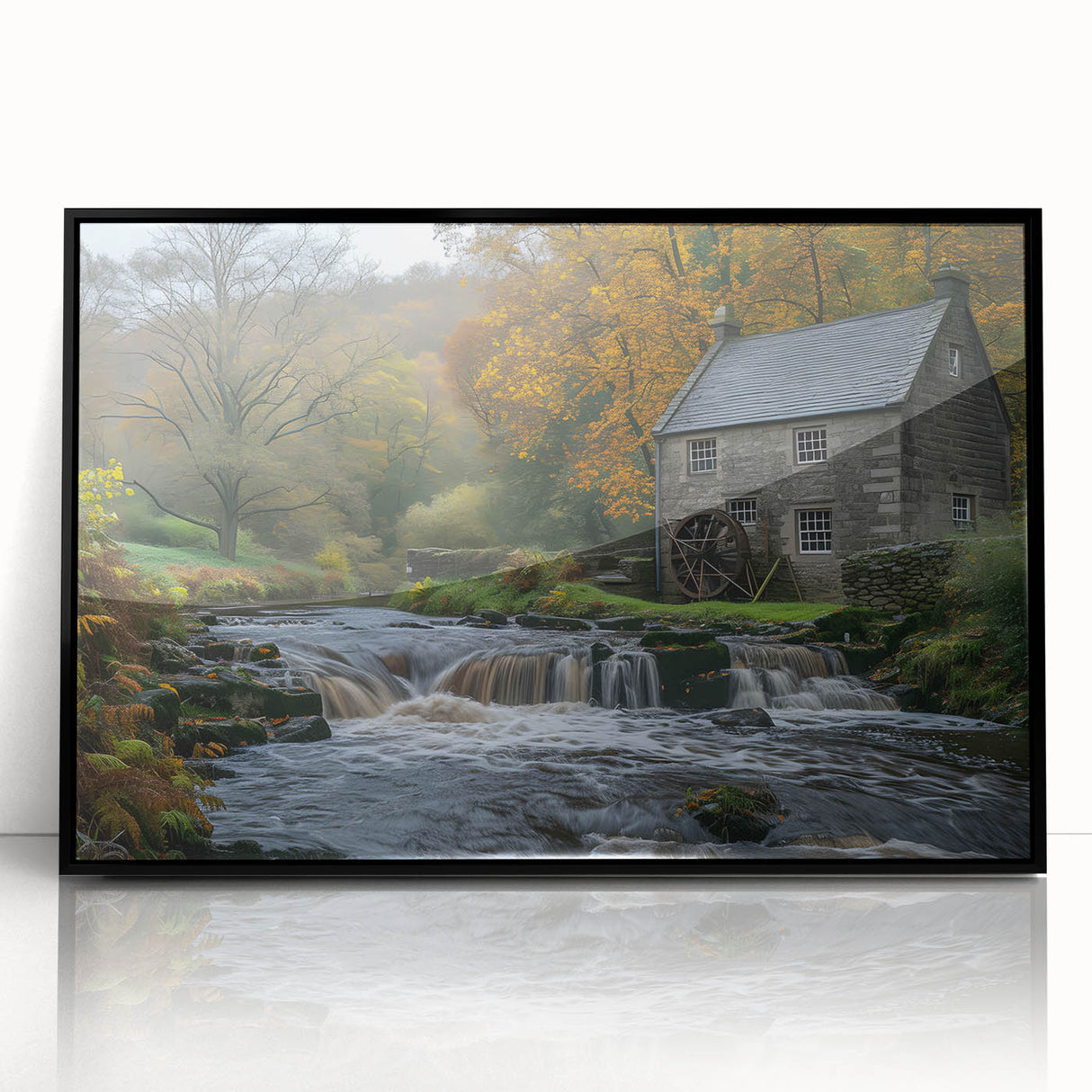 Framed acrylic wall art depicting a serene landscape featuring watermills, designed in a modern style with a sleek black frame, perfect for home decor.