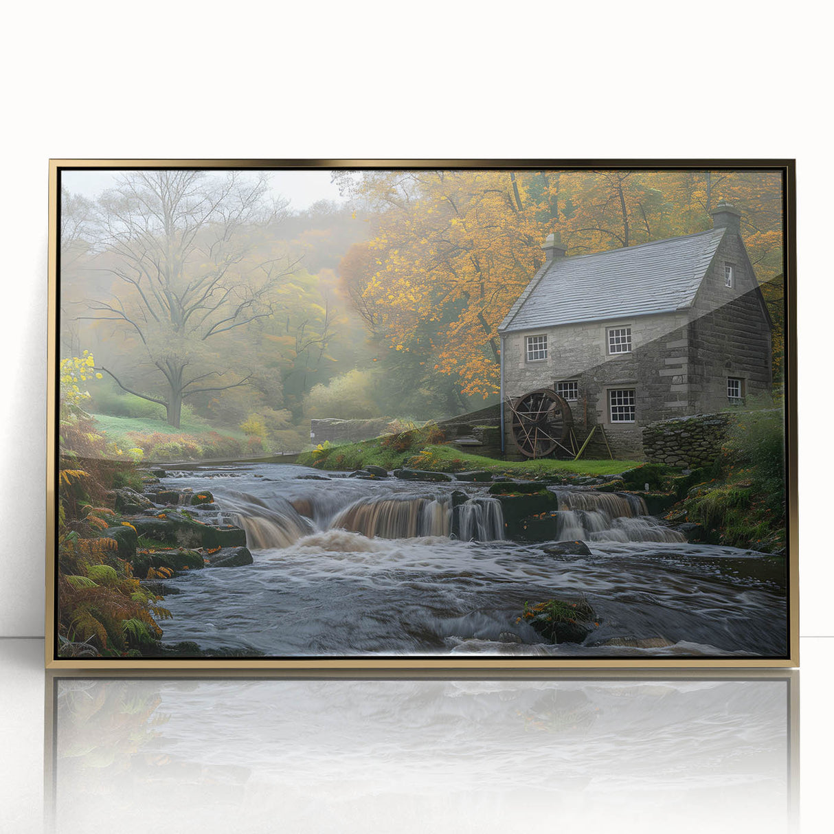 Framed acrylic wall art featuring a serene landscape with watermills, elegantly designed in gold accents, perfect for enhancing home decor aesthetics.