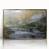 Framed acrylic wall art featuring a serene landscape with watermills, elegantly designed in gold accents, perfect for enhancing home decor aesthetics.