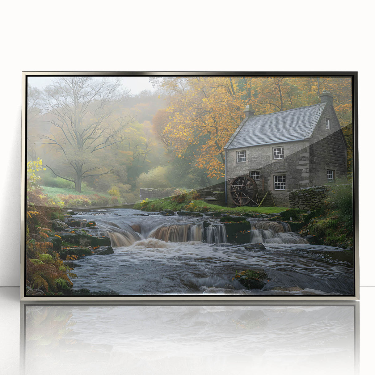 Framed acrylic wall art featuring a serene watermill landscape design with silver accents, ideal for enhancing home decor and creating a calming atmosphere.