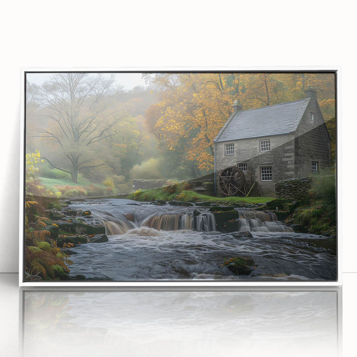Framed wall art collection showcasing a serene landscape of watermills, with vibrant colors and a modern white frame, perfect for home decor enhancement.