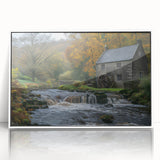Framed wall art collection showcasing a serene landscape of watermills, with vibrant colors and a modern white frame, perfect for home decor enhancement.
