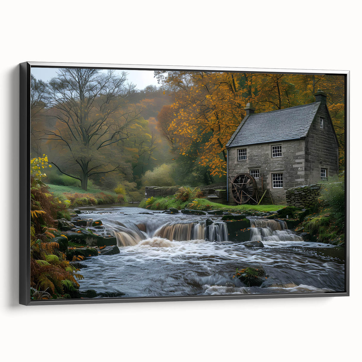 Framed wall art piece showcasing a serene watermill landscape design, featuring a black frame and canvas print, perfect for home decor and artistic ambiance.