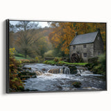 Framed wall art piece showcasing a serene watermill landscape design, featuring a black frame and canvas print, perfect for home decor and artistic ambiance.