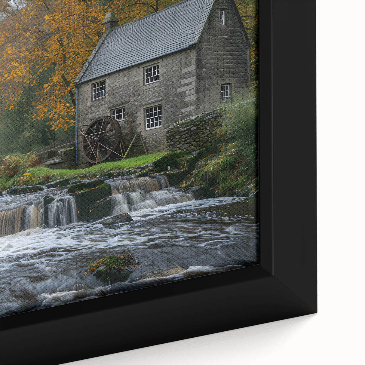 Close-up of a framed canvas artwork showcasing a tranquil watermill landscape design, featuring lush greenery and serene water reflections, perfect for home decor.