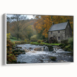 Framed canvas wall art showcasing a serene watermill landscape design, featuring vibrant colors and intricate details, displayed from a white side view. Perfect for home decor.