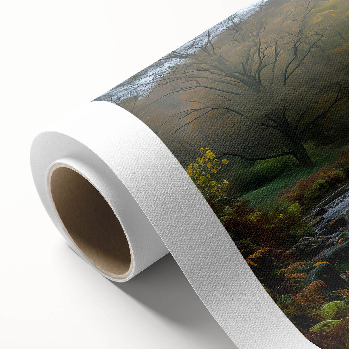 Rolled canvas print showcasing a serene landscape with a watermill, featuring vibrant colors and intricate details, perfect for enhancing home decor.