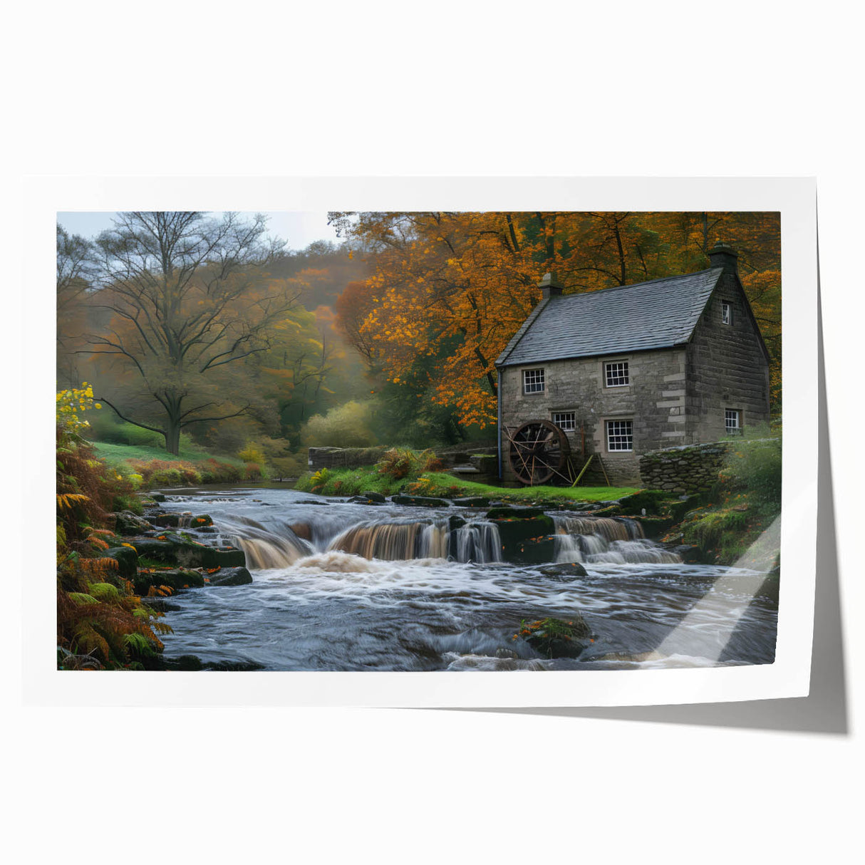 Landscape wall art print showcasing a serene watermill scene, featuring lush greenery and a tranquil stream, designed for home decor enhancement.