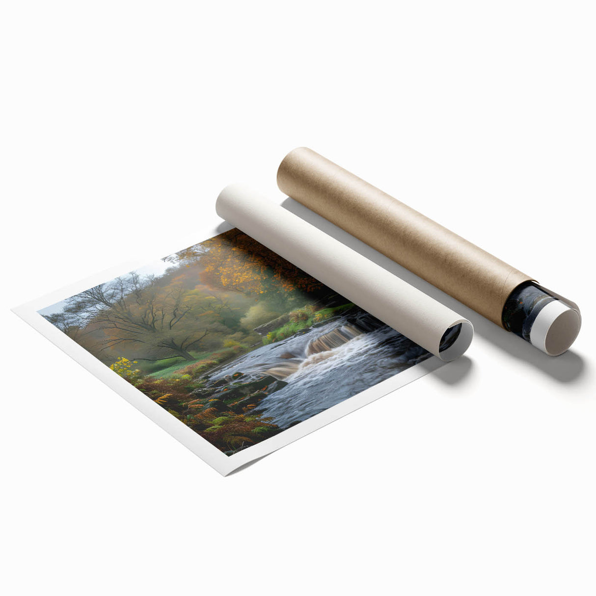 Rolled print of a serene landscape showcasing a tranquil watermill, surrounded by lush greenery and vibrant flowers, ideal for home decor and artistic displays.