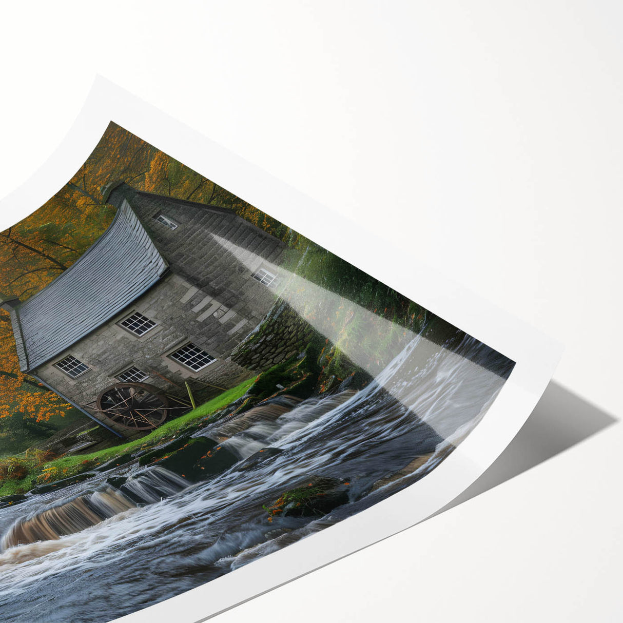 Rolled print showcasing a serene landscape of watermills, featuring soft pastel colors and intricate details, ideal for home decor or art collection.