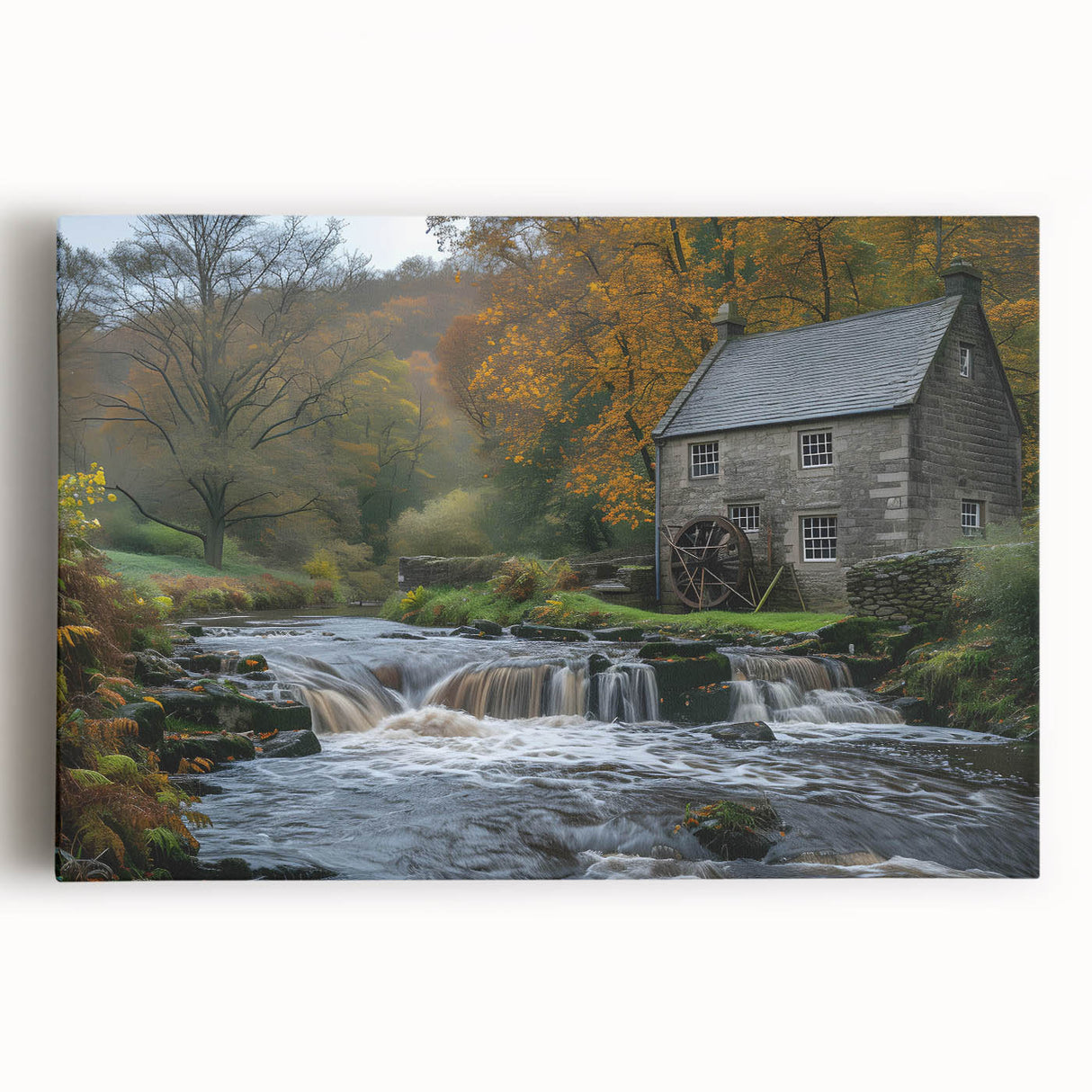 Stretched canvas wall art showcasing a serene landscape of a rustic watermill surrounded by lush greenery, perfect for enhancing home decor with a natural touch.