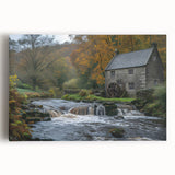 Stretched canvas wall art showcasing a serene landscape of a rustic watermill surrounded by lush greenery, perfect for enhancing home decor with a natural touch.