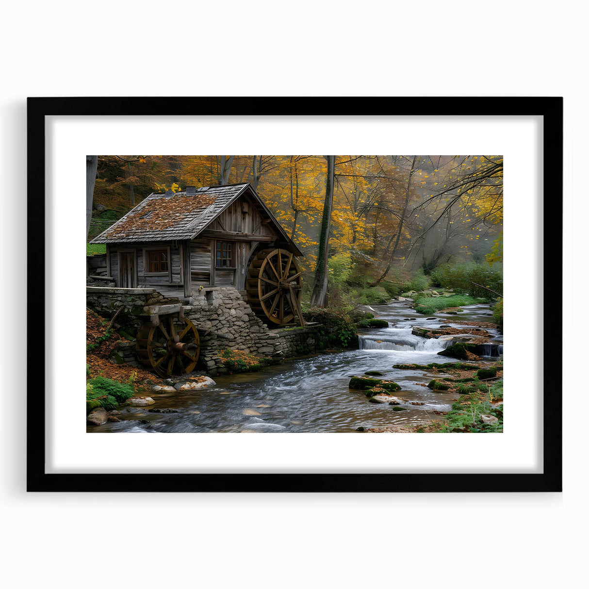 Framed wall art collection showcasing a serene watermill landscape design, featuring a sleek black frame with a white mat, ideal for enhancing home decor.