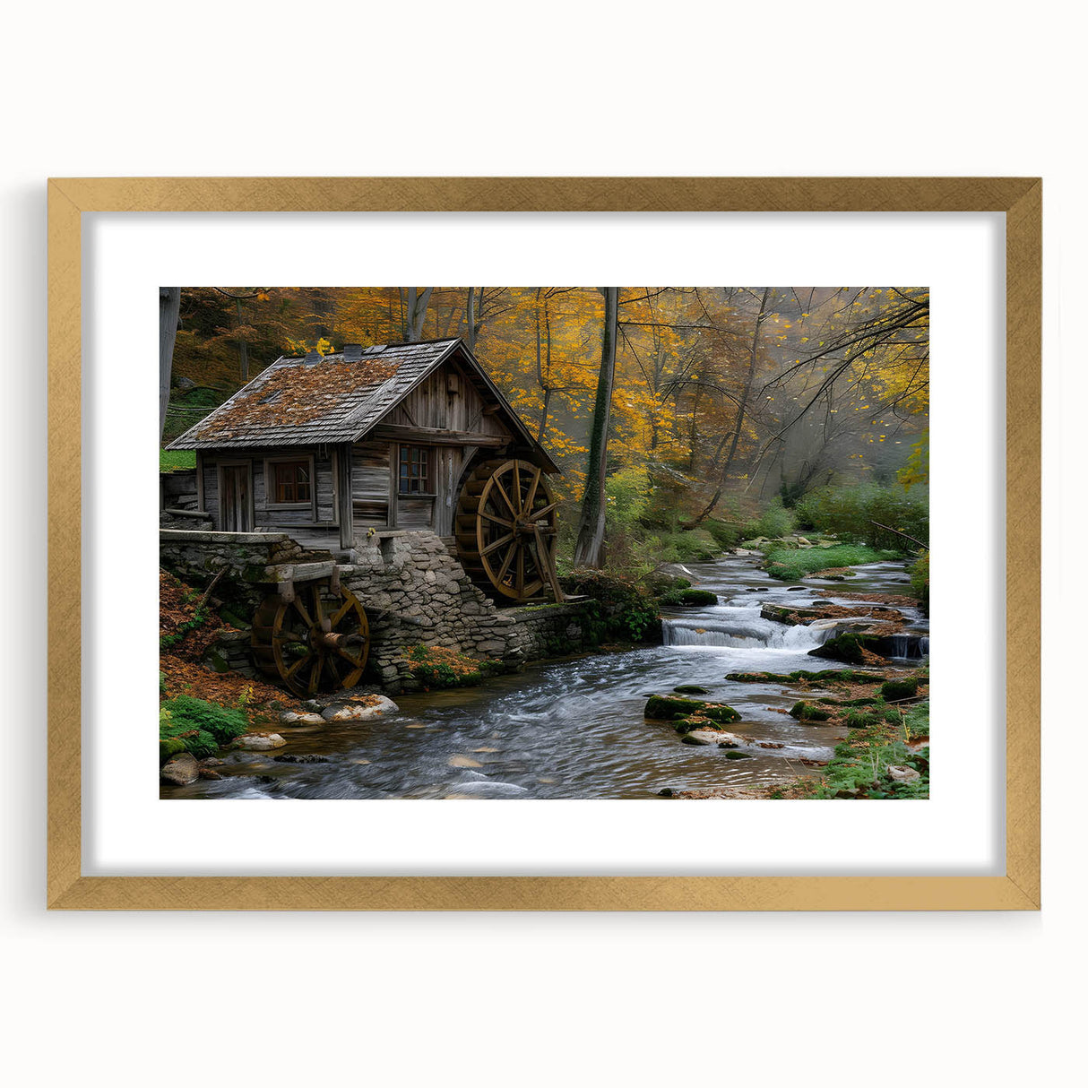 Elegant framed wall art featuring a serene landscape of watermills, highlighted by a luxurious gold frame and matting, perfect for enhancing home decor.