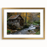 Elegant framed wall art featuring a serene landscape of watermills, highlighted by a luxurious gold frame and matting, perfect for enhancing home decor.