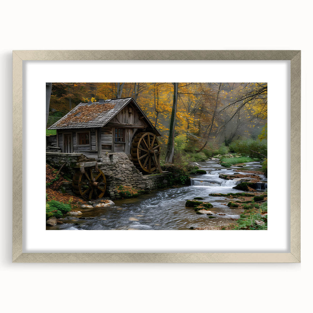 Framed wall art featuring a serene watermill landscape design, elegantly showcased with a silver frame and matting, perfect for enhancing home decor.