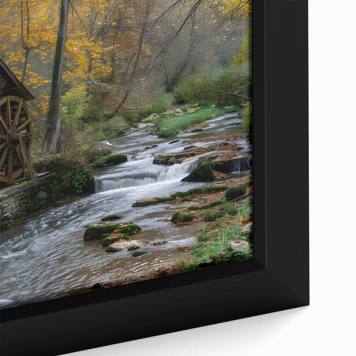 Framed canvas wall art showcasing a serene watermill landscape design with vibrant colors and intricate details, perfect for home decor and nature lovers.