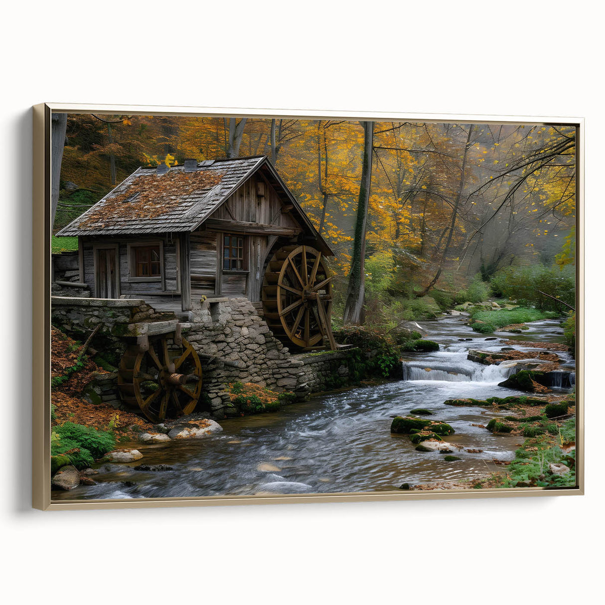Framed canvas wall art featuring a scenic landscape design of a tranquil watermill, with golden accents. Ideal for enhancing home decor in living spaces.