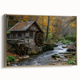 Framed canvas wall art featuring a scenic landscape design of a tranquil watermill, with golden accents. Ideal for enhancing home decor in living spaces.
