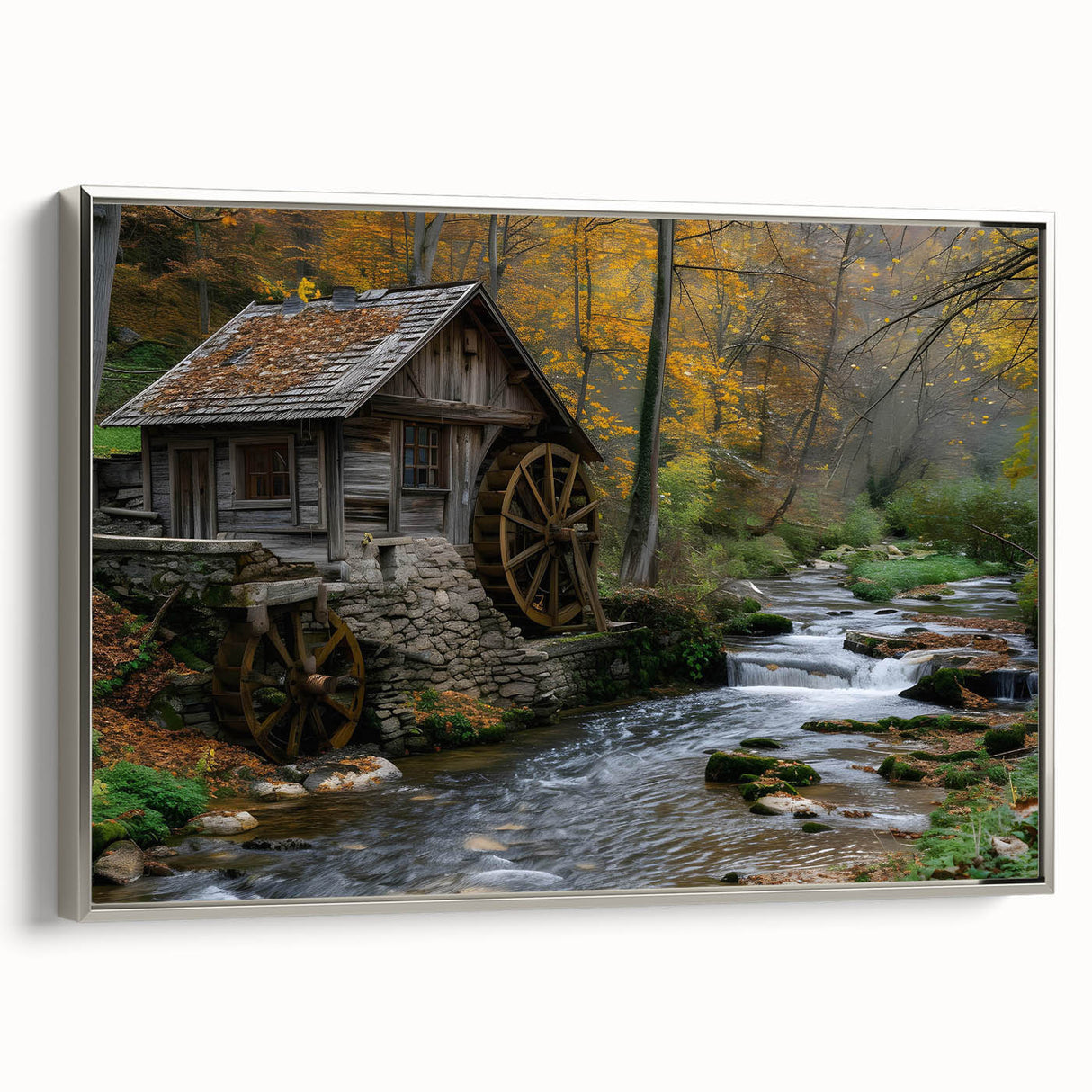 Framed canvas wall art depicting a serene watermill landscape with silver accents, showcasing tranquil nature scenery, perfect for home decor.