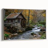 Framed canvas wall art depicting a serene watermill landscape with silver accents, showcasing tranquil nature scenery, perfect for home decor.