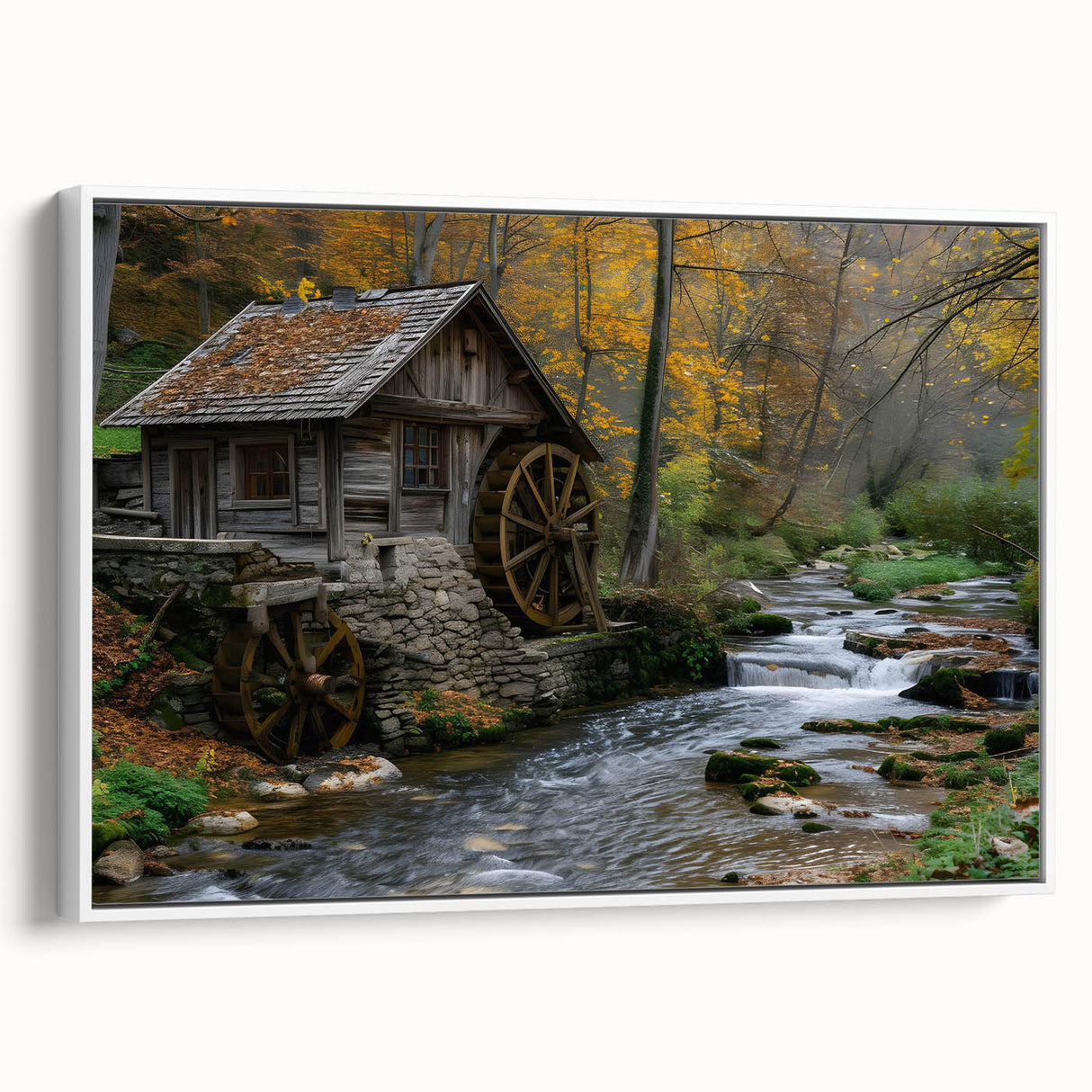 Framed canvas wall art depicting a serene watermill landscape, featuring soft pastel colors and intricate details, ideal for home decor, displayed against a white background.