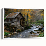 Framed canvas wall art depicting a serene watermill landscape, featuring soft pastel colors and intricate details, ideal for home decor, displayed against a white background.