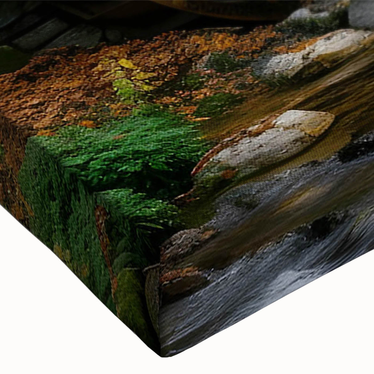 Close-up of a stretched canvas featuring a serene landscape design with a tranquil watermill scene, showcasing vibrant colors and intricate details, perfect for home decor.