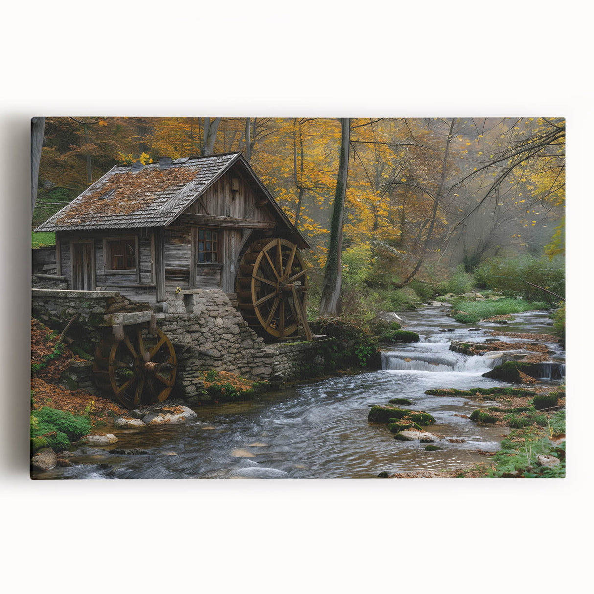 Stretched canvas wall art showcasing a serene watermill landscape design, featuring vibrant colors and intricate details, perfect for home decor enhancement.