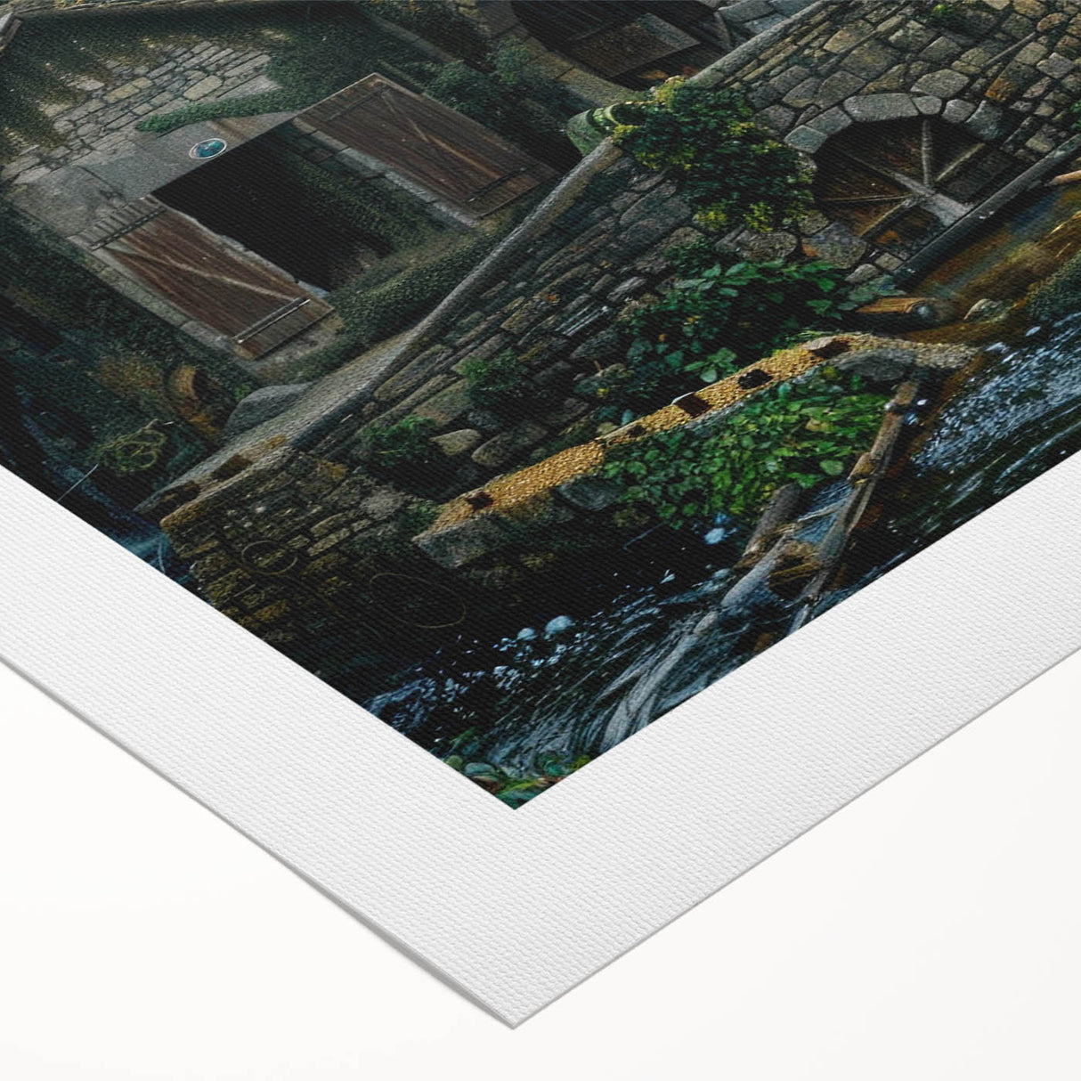 Rolled canvas artwork depicting a serene watermill landscape with lush greenery and soft blue skies, perfect for enhancing home decor with nature-inspired aesthetics.