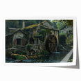 Rolled print of a serene landscape featuring a picturesque watermill surrounded by lush greenery, ideal for home decor or art enthusiasts.