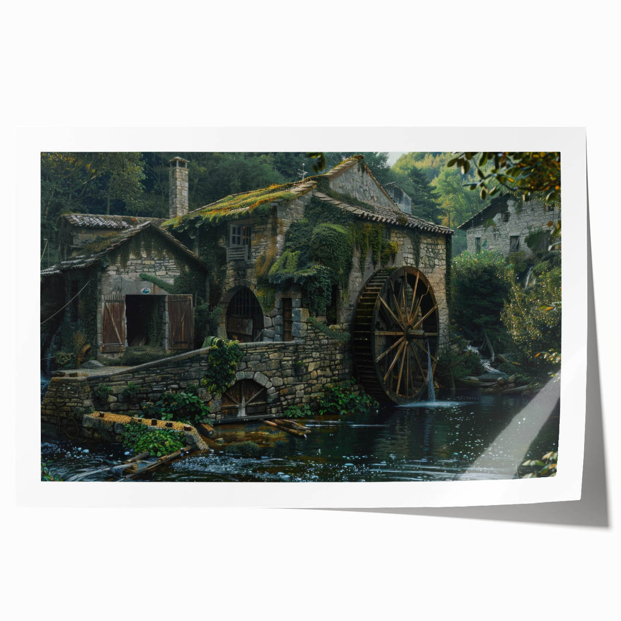 Rolled print of a serene landscape featuring a picturesque watermill surrounded by lush greenery, ideal for home decor or art enthusiasts.