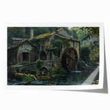 Rolled print of a serene landscape featuring a picturesque watermill surrounded by lush greenery, ideal for home decor or art enthusiasts.