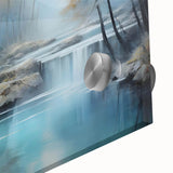 Close-up of a vibrant acrylic glass wall art piece showcasing a serene landscape with watermills, featuring soothing blue and green hues that enhance home decor aesthetics.