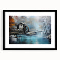 Framed wall art collection featuring a serene landscape with watermills, presented in a sleek black frame with a mat, perfect for enhancing home decor.