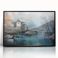 Framed acrylic wall art featuring a serene watermill landscape design in rich colors, set in a sleek black frame, ideal for enhancing home decor.