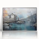 Framed acrylic wall art showcasing a serene landscape of watermills, featuring a white frame and vibrant colors, perfect for home décor enhancement and artistic appeal.