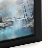 Close-up of a framed canvas depicting a serene landscape with a watermill, featuring lush greenery and a tranquil blue sky, perfect for home décor.