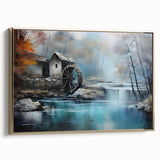 Framed canvas wall art showcasing a serene landscape with watermills, featuring a gold frame and vibrant colors, ideal for home decor enhancement.