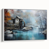 Framed canvas wall art showcasing a serene landscape design of watermills, featuring soft blue and green tones, set against a white backdrop, ideal for home decor.