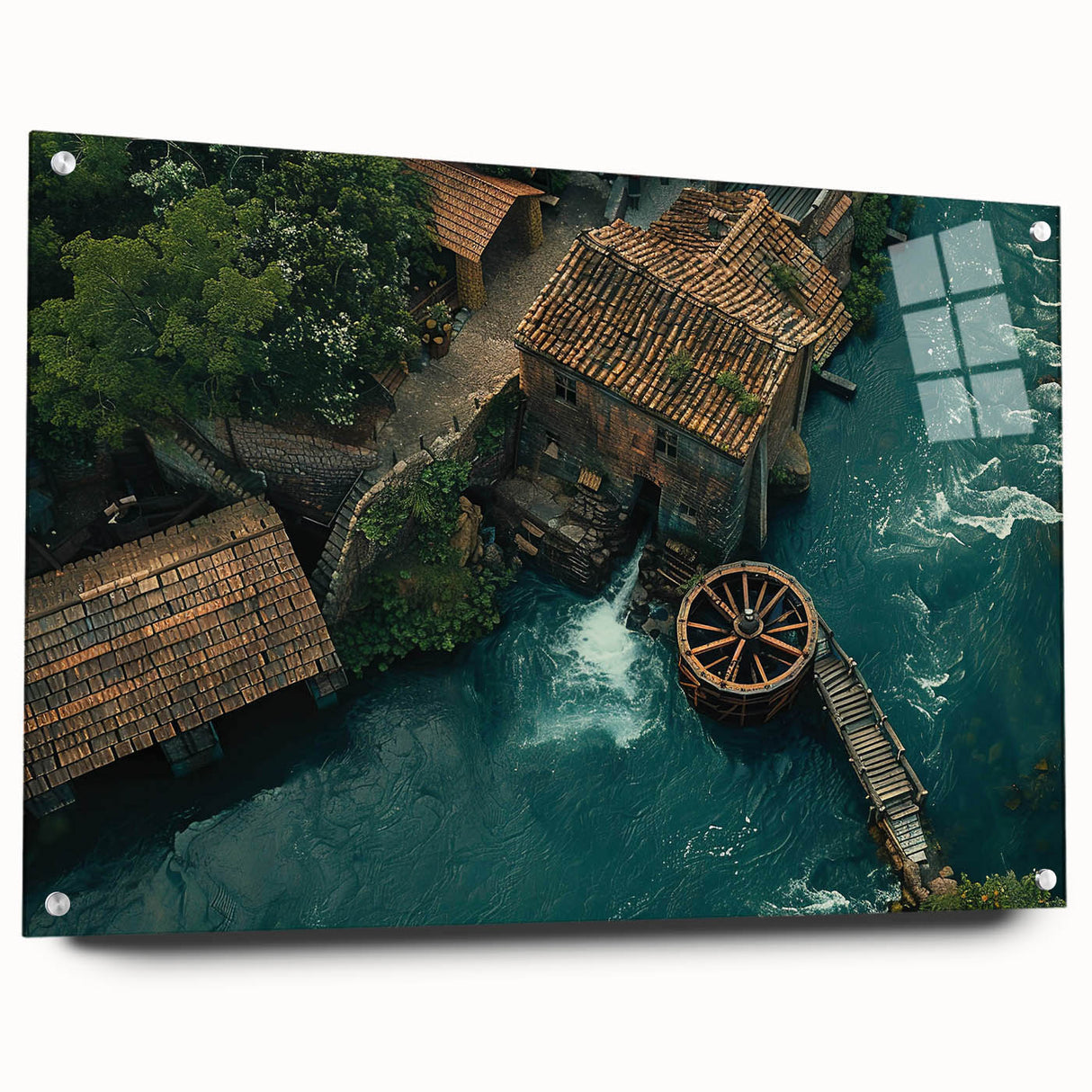 Acrylic glass wall art collection showcasing a serene landscape design of watermills, featuring vibrant colors and a side view with visible pins for easy hanging. Ideal for home decor enthusiasts looking to enhance their interiors with nature-inspired artwork.
