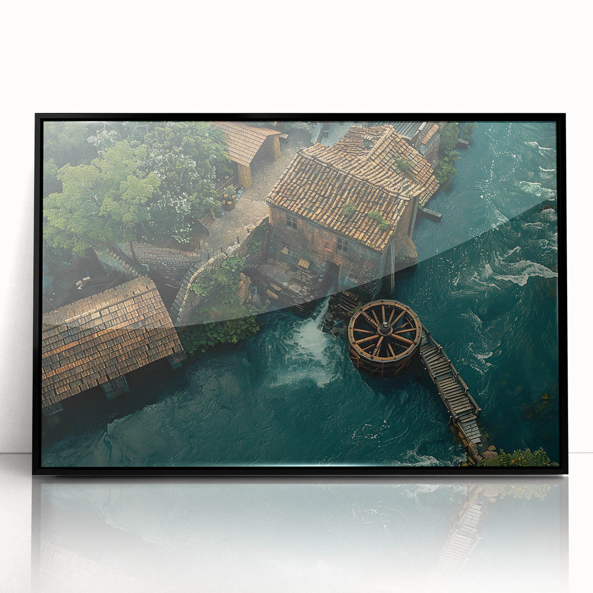 Framed wall art collection featuring three serene landscapes with watermills, designed with a black frame, showcasing tranquil nature scenes ideal for home decor.