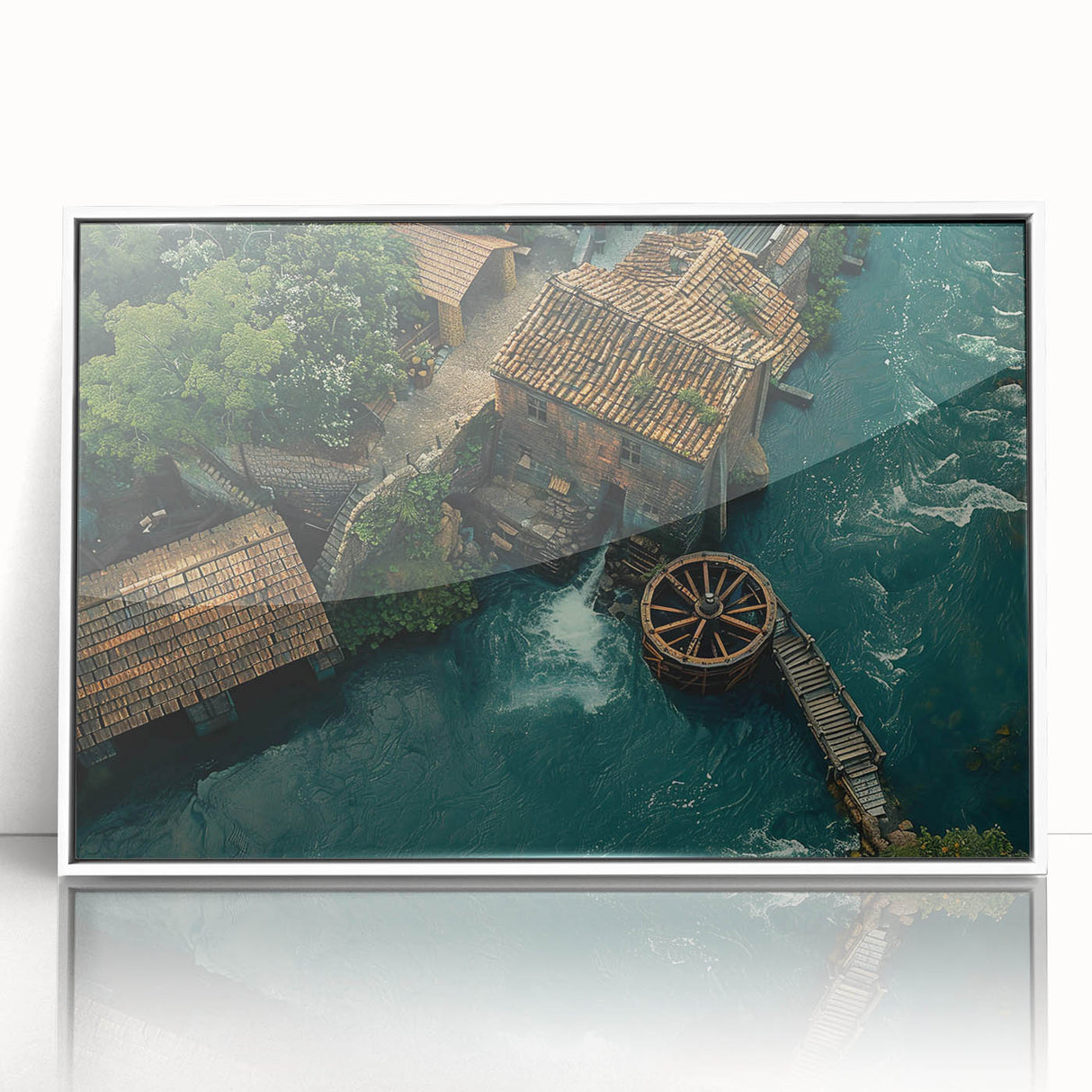 Framed acrylic wall art showcasing a serene landscape design featuring a picturesque watermill, highlighted with a white frame, perfect for home decor enhancement.