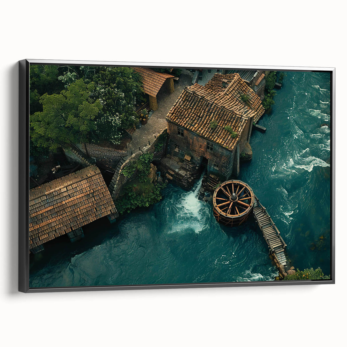 Framed canvas wall art collection showcasing serene watermill landscapes, featuring a black frame and side view display, perfect for home décor enhancement.